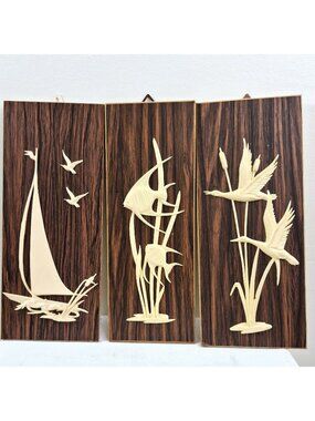 Vintage MCM Set of 3 Western Germany Wall Plaques Sailboat Fish Heron's 10 in
